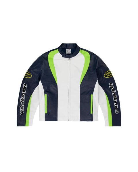 Leather Racer Jacket - White/ Navy