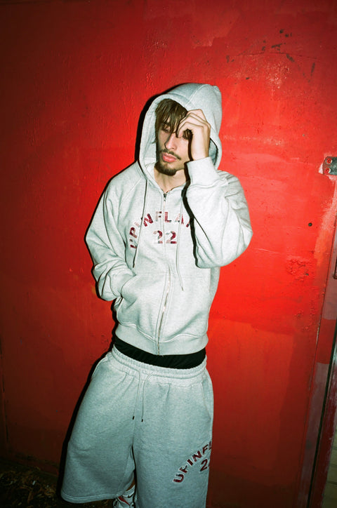 Plaid Appliqué Hoodie - Grey