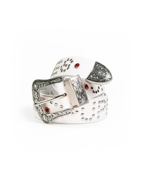 Studded Leather Belt - White